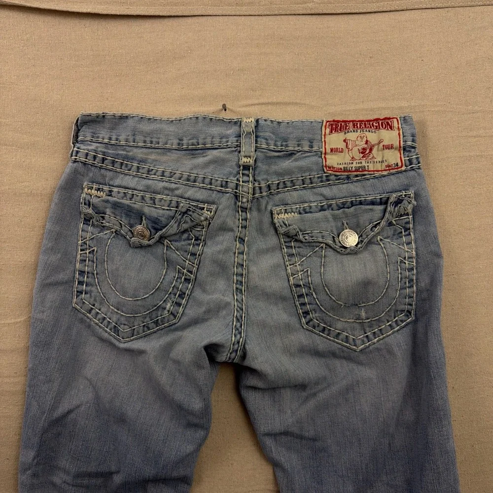 VTG True Religion Billy Super T Jeans 38 Blue Distressed Bootcut Contrast Stitch